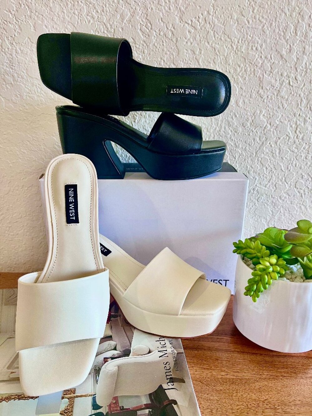 2 PAIRS!! Nine West Ivory & Black Oklee Platform Slide Heeled Mule Sandals 5.5